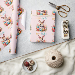 Süßer Hase Bunte Eier Blumen Frohe Ostern Geschenkpapier