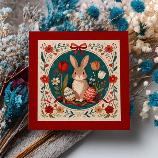 Süßer Hase mit Eiern und Blumen Botanischer Ostern Mitteilungskarte