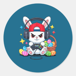 Süßer Hase mit Kopfhörern beim Gaming-Ostern Runder Aufkleber