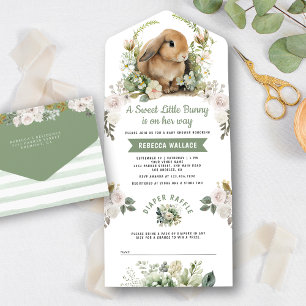 Süßer Hase Sage Grün Florales Babyshower All In One Einladung