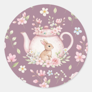 Süßer Hase Teekanne Rosa Blüten Frühling Runder Aufkleber