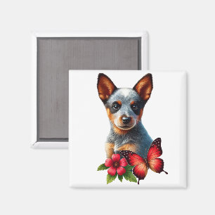Süßer Heeler-Welpe mit Schmetterling und Blume Magnet