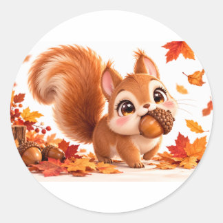 Süßer Herbst-Eichhörnchen-Aufkleber | Kawaii Eiche Runder Aufkleber