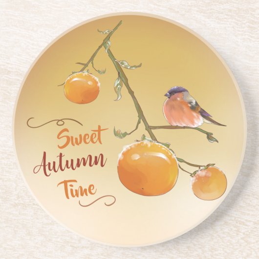 Süßer Herbst Orange Persimmon Frucht & Bird Getränkeuntersetzer (Vorne)