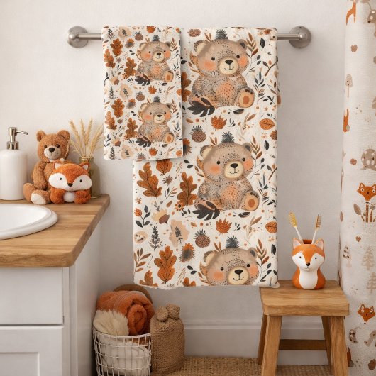 Süßer Herbstbär & Waldlaubmuster Badhandtuch Set