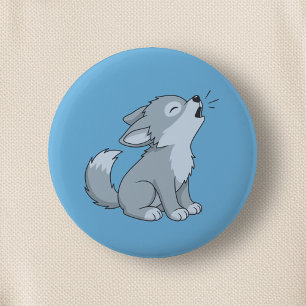Süßer heulender Wolfswelpe auf Blau Button