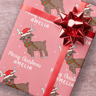 Süßer Hirsch mit Santa-Hut Rosa Kinder Geschenkpapier