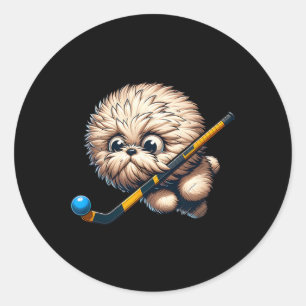 Süßer Hockey-Welpe mit Stock und Byll Kawaii S Runder Aufkleber