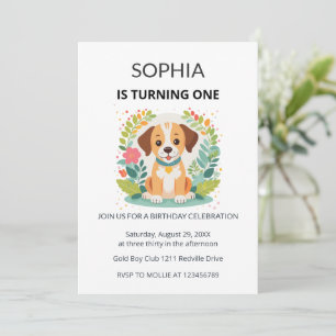 Süßer Hund Blumen Kinder Erster Geburtstag Einladung