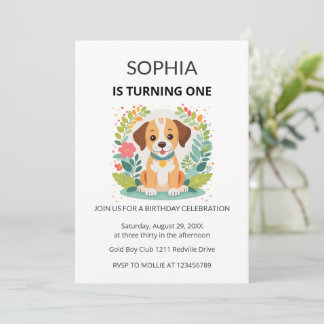 Süßer Hund Blumen Kinder Erster Geburtstag Einladung