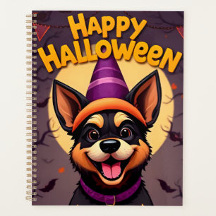 Süßer Hund in einer Halloween-Szene mit Kürbissen Planer
