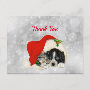 Süßer Hund Katze Santa Mütze Weihnachten Danke Postkarte