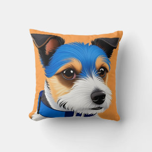 Süßer Hund mit blauem Halsband auf Orange Kissen