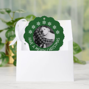 Süßer Hund mit Papa Foto Frohe Weihnachten Grün Ornament Karte