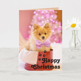 Süßer Hund mit rosa Schleife & Frohe Weihnachten E Karte
