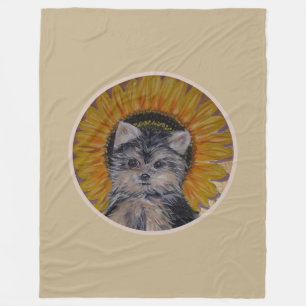 Süßer Hund, Sonnenblume auf Hellbeige Fleecedecke