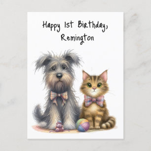 Süßer Hund und Katze Glücklicher 1. Geburtstag Per Postkarte