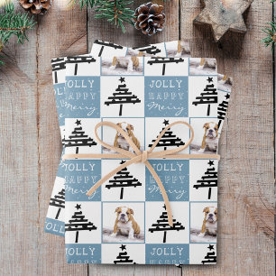 Süßer Hund Welpe Haustier Foto Blaue Weihnachtsbau Geschenkpapier Set
