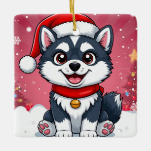 Süßer Husky-Hund mit Weihnachtsmannmütze im Schnee Keramikornament
