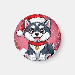 Süßer Husky-Hund mit Weihnachtsmannmütze im Schnee Magnet