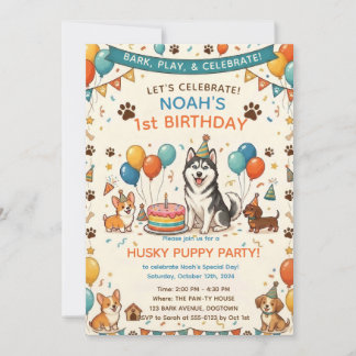 Süßer Husky & Hunde-Freunde Geburtstag Einladung