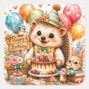 Süßer Igel Alles Gute zum Geburtstag Wald Freunde Quadratischer Aufkleber