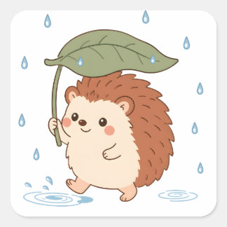 Süßer Igel-Blatt-Regenschirm-Regentag-Aufkleber Quadratischer Aufkleber