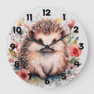 Süßer Igel mit Frühlingsblumen Große Wanduhr