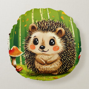 Süßer Igel mit grünem Waldbild Rundes Kissen