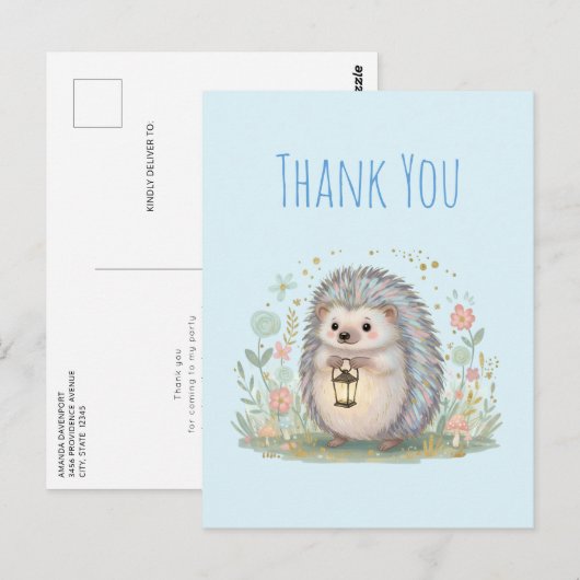 Süßer Igel mit Laterne Danke Postkarte (Vorne/Hinten)