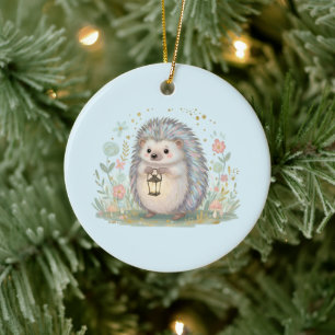Süßer Igel mit Laterne Keramik Ornament
