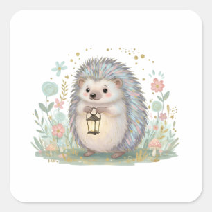 Süßer Igel mit Laterne Quadratischer Aufkleber
