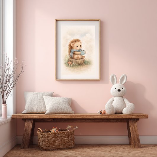 Süßer Igel mit Tasse Neutrales Kinderzimmer Poster