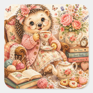 Süßer Igel Teezeit Strick Cottagecore Quadratischer Aufkleber