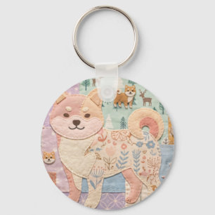 Süßer japanischer Shiba Inu Patchwork Blumenmuster Schlüsselanhänger
