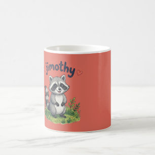 Süßer Jimothy Waschbär im Garten mit Herzen Kaffeetasse