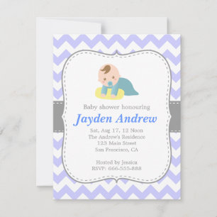 Süßer Junge Baby Shower, Blau und Weiß Chevron Einladung