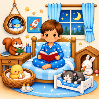 Süßer Junge beim Lesen | Waldtiere-Nursery-Poster Poster