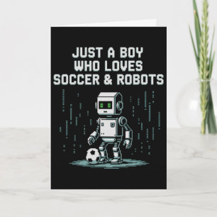 Süßer Junge, der Fußballroboter liebt, wird Spiel Karte