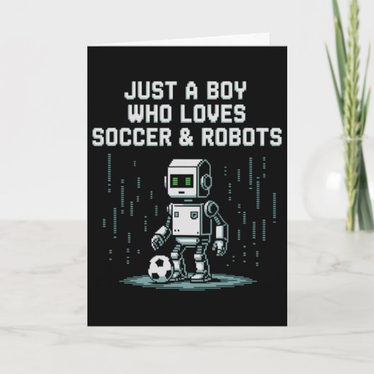 Süßer Junge, der Fußballroboter liebt, wird Spiel  Karte (Vorderseite)