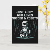 Süßer Junge, der Fußballroboter liebt, wird Spiel  Karte (Gelbe Blume)