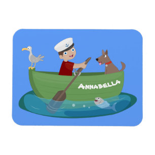 Süßer Junge Matrose und Hund rudern Boot Cartoon Magnet