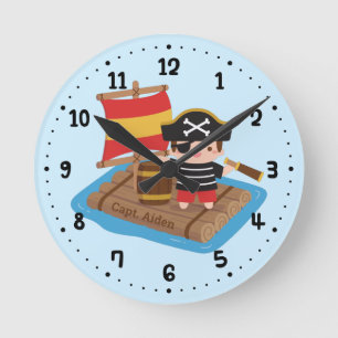 Süßer Junge Pirat Set Segel Holzfloß Kinderzimmer Runde Wanduhr