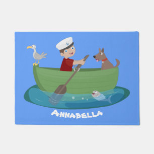 Süßer Junge Segler und Hund rudern Boot Cartoon Fußmatte