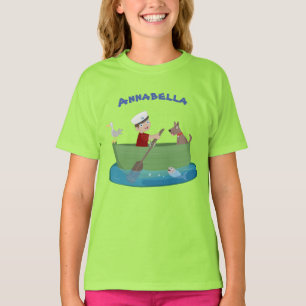 Süßer Junge und Hund rudern Boot Cartoon T-Shirt
