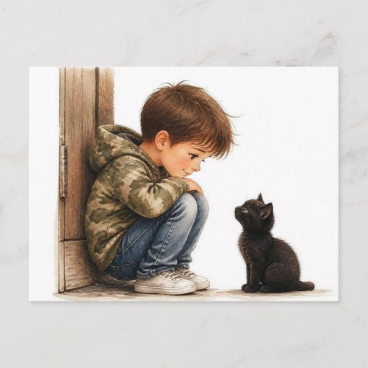 Süßer Junge und kleines schwarzes Kätzchen Postkarte (Vorderseite)