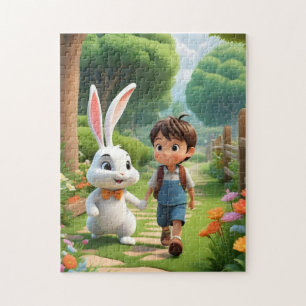 Süßer Junge und riesiger weißer Kaninchen-Gartenpu Puzzle