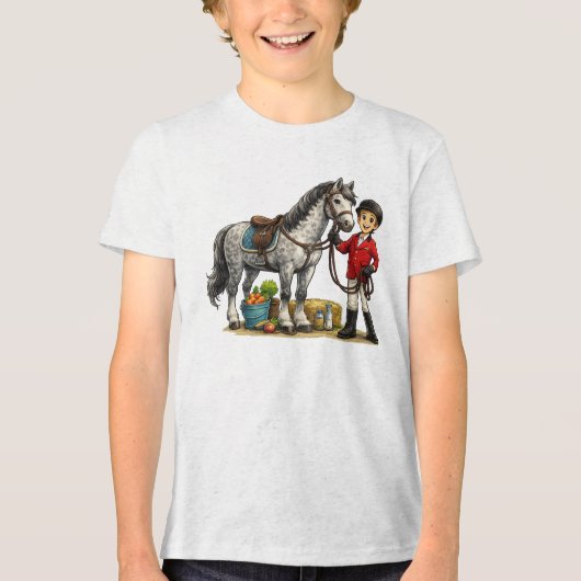 Süßer junger Reiter mit Dapple-Grau-Pferd-Kunst Tri-Blend Shirt (Vorderseite)