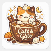 süßer Kaffee-Katzen-Aufkleber Quadratischer Aufkleber (Vorderseite)