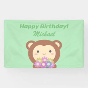 Süßer Kawaii-Affe und Blumen Alles Gute zum Geburt Banner